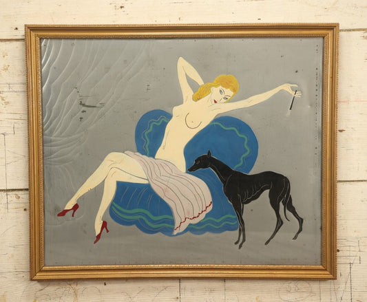 Lot 008 - Vintage Nude Painting On Tin Of A Blonde Woman Smoking A Cigarette And Her Dog, Artist Signed Raoul, In Frame, Behind Glass