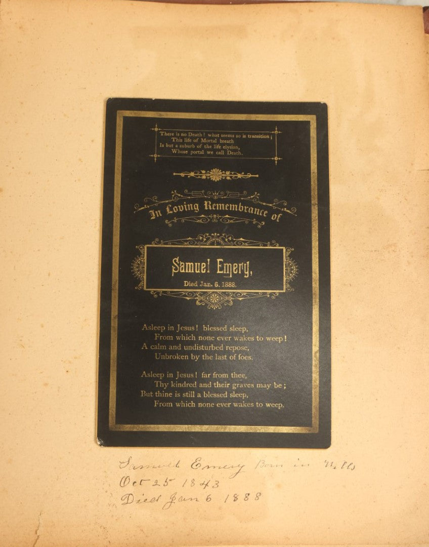 Lot 009 - Short But Interesting Railroad Related Scrapbook With Cabinet Cards And Obituaries Of Conductors, A Hand Drawn Map Of South America, Gravestone Sketch, And More