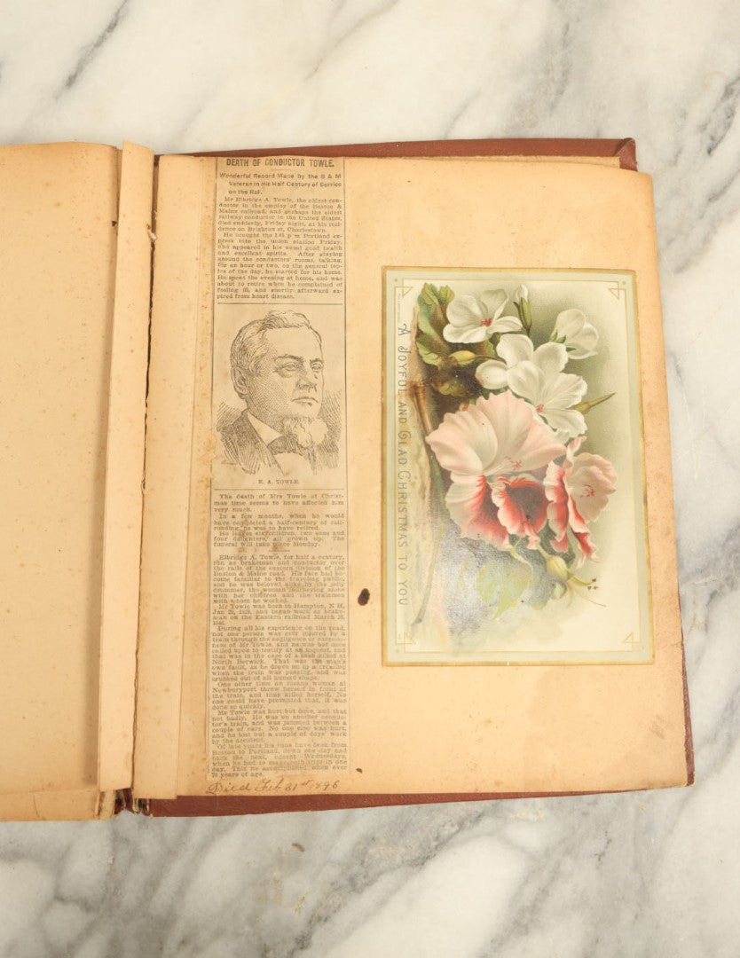 Lot 009 - Short But Interesting Railroad Related Scrapbook With Cabinet Cards And Obituaries Of Conductors, A Hand Drawn Map Of South America, Gravestone Sketch, And More