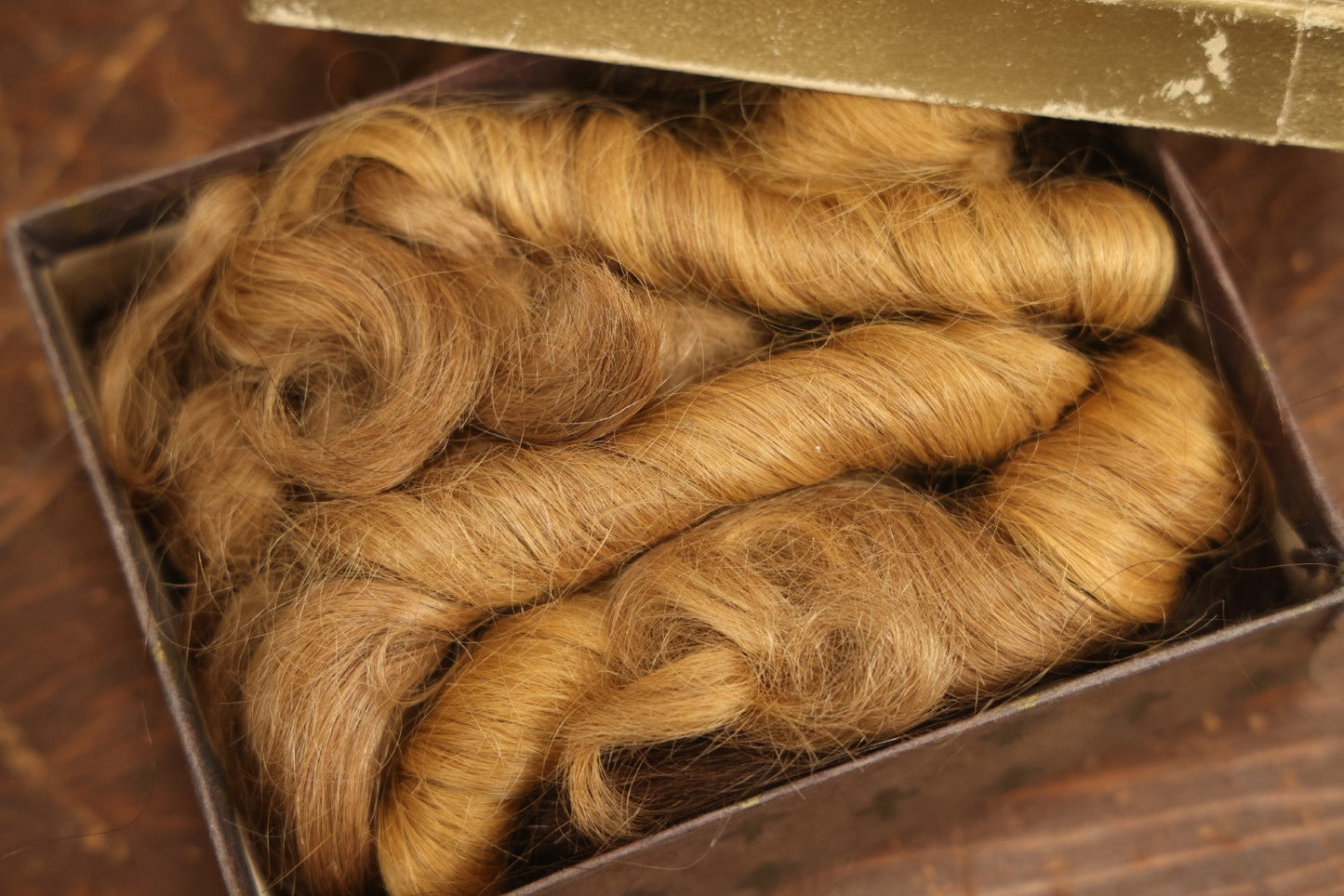 Lot 016 - Vintage Box Of Clipped Blonde Hair Curls And Tufts Of Brown Hair, Keepsake Memento