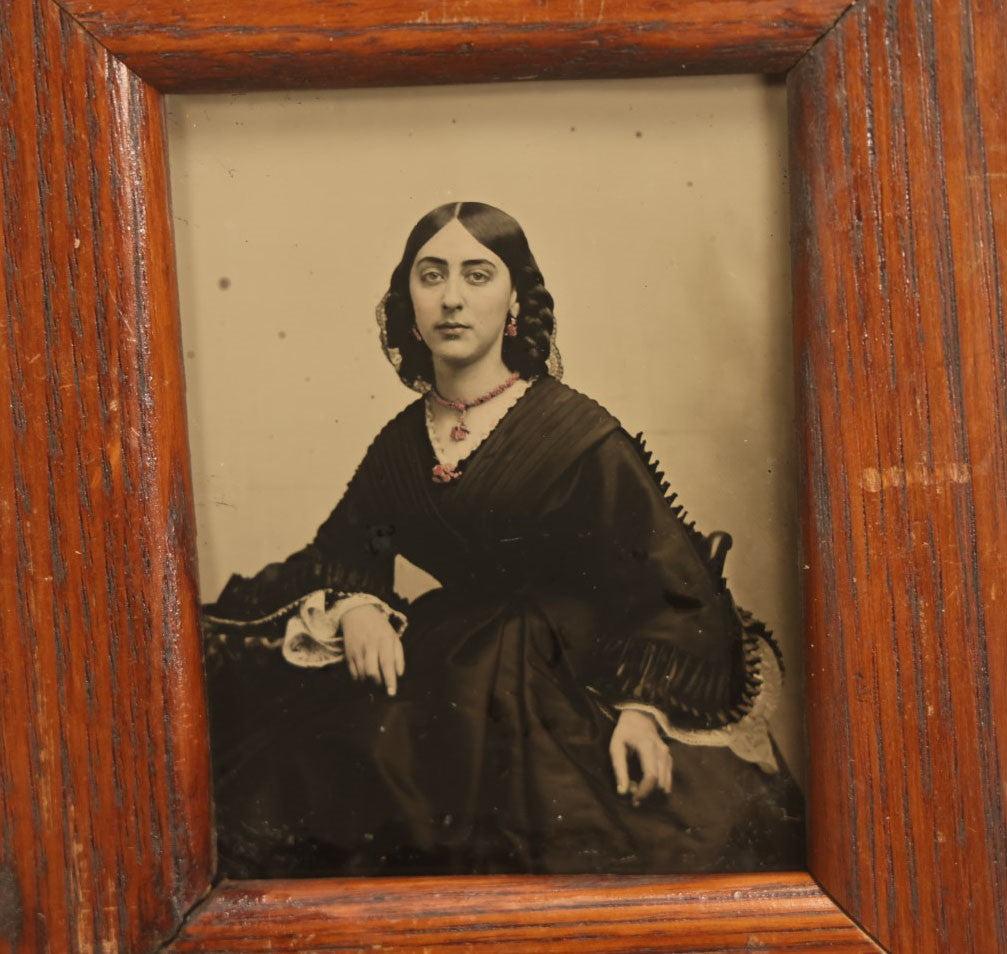 Lot 020 - Antique Approximately 1/4 Plate Ambrotype Of An Attractive Young Woman With Jewelry, Pink Tinting, In Custom Made Frame