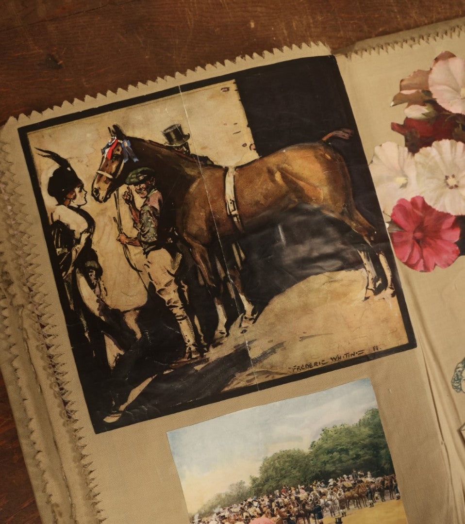 Lot 025 - Antique Cloth Scrapbook With Folk Art Noah's Ark Embroidered Cover, Containing Many Scraps And Images