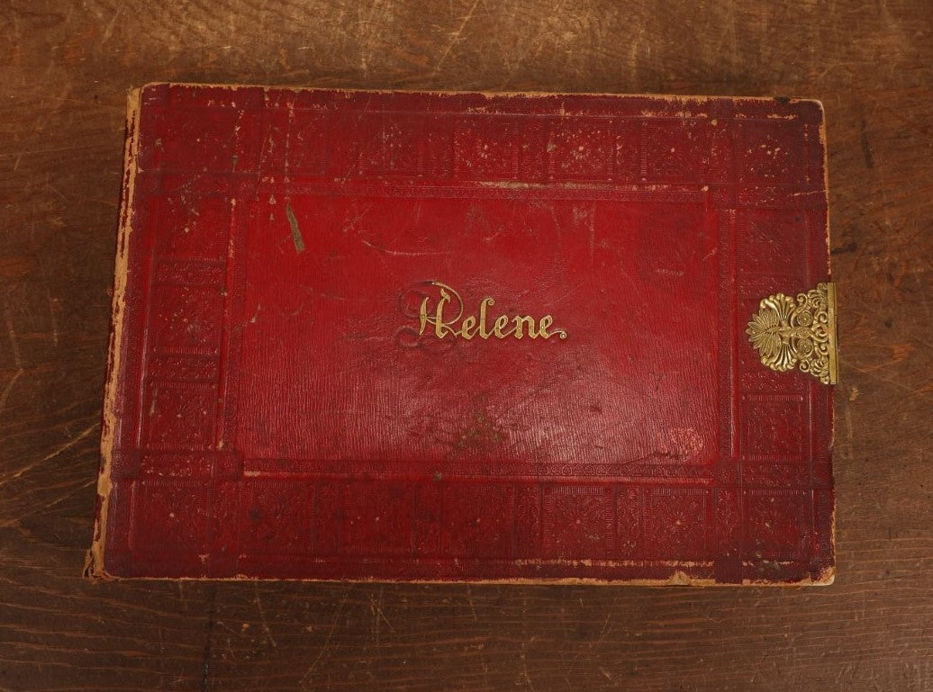 Lot 026 - Empty Antique Red Cover Sketchbook Journal With Custom Name Badge For Helene, With Clasp, Note Losses To Name Badge