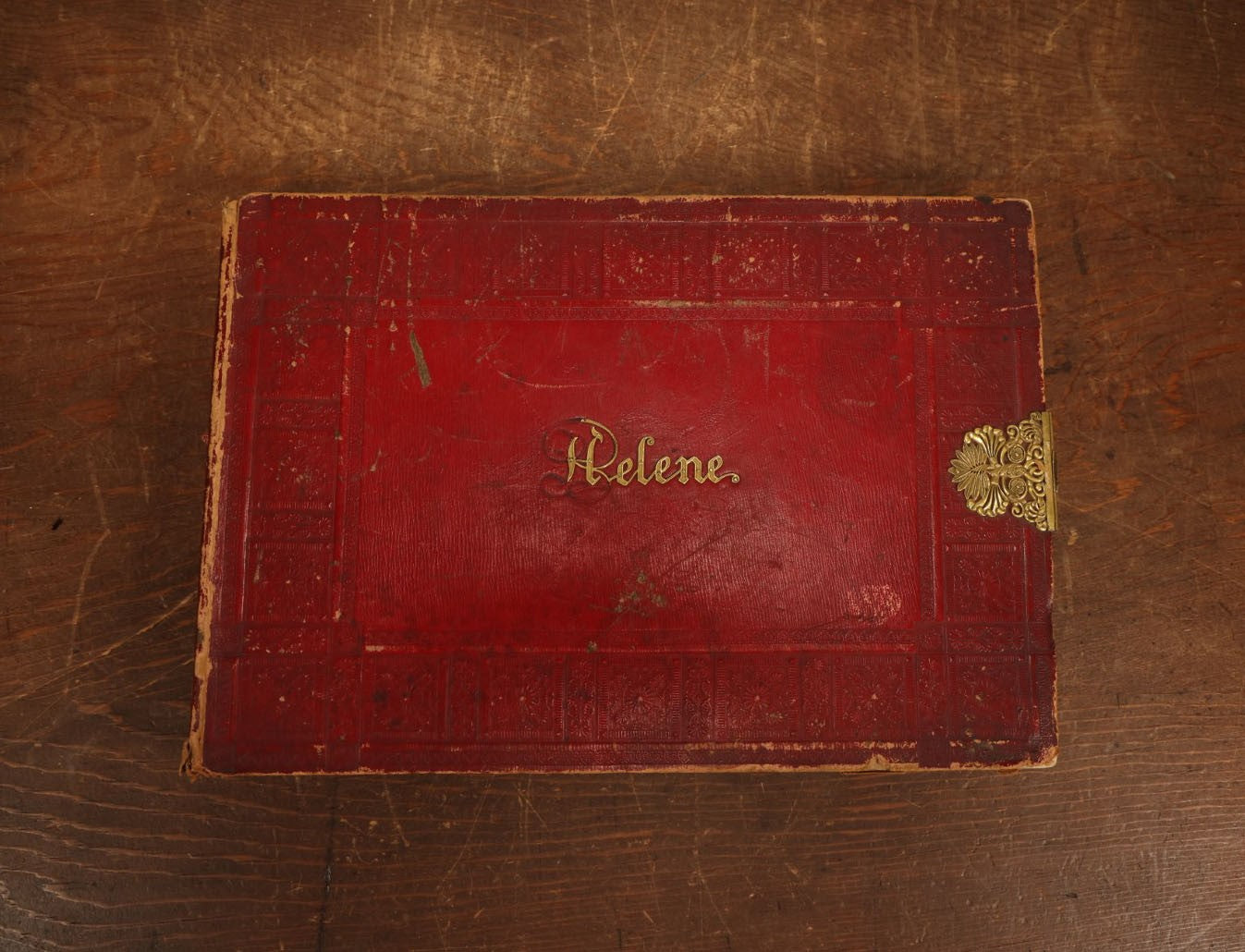 Lot 026 - Empty Antique Red Cover Sketchbook Journal With Custom Name Badge For Helene, With Clasp, Note Losses To Name Badge