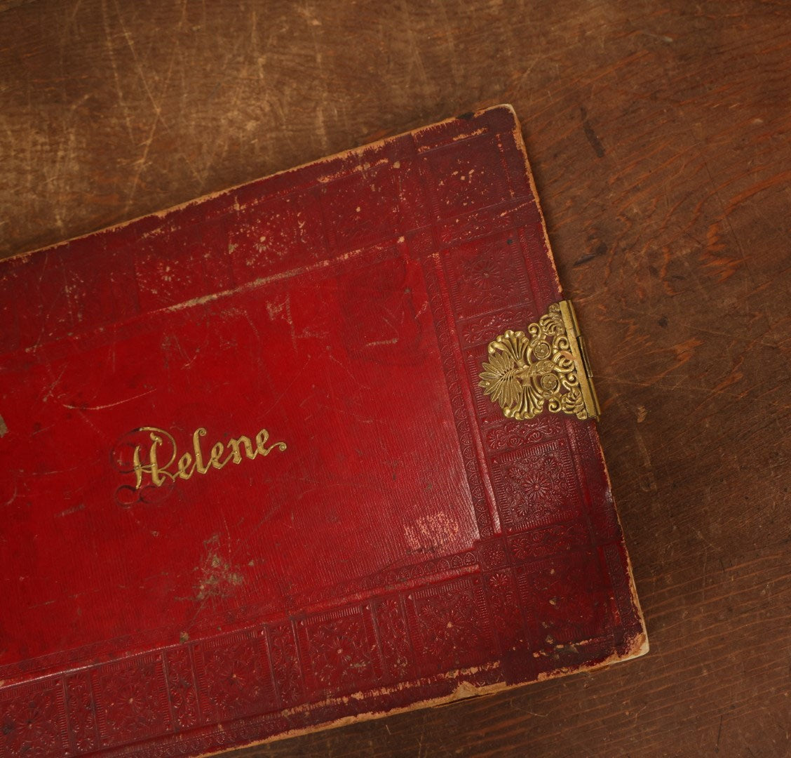 Lot 026 - Empty Antique Red Cover Sketchbook Journal With Custom Name Badge For Helene, With Clasp, Note Losses To Name Badge