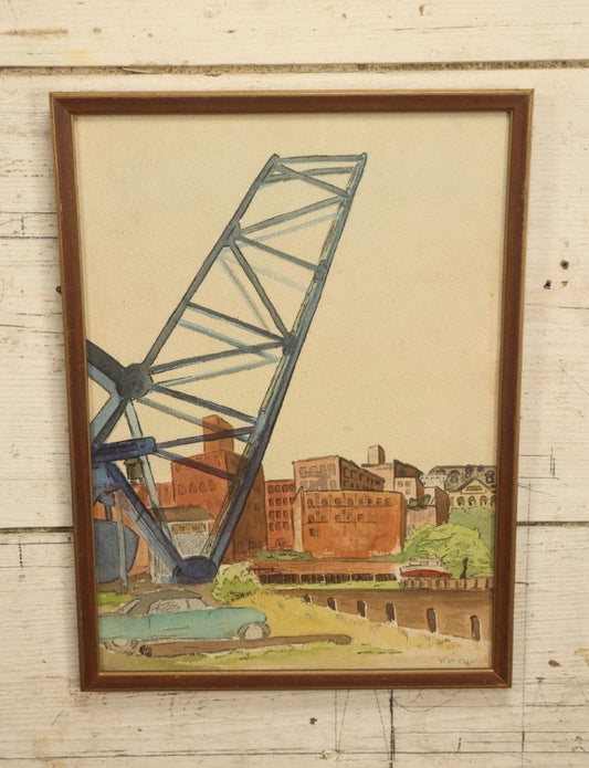 Lot 033 - Vintage Framed Original Watercolor Of A Lift Bridge With A Classic Car, City Skyline, Artist Signed F.P. Taft