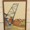 Lot 033 - Vintage Framed Original Watercolor Of A Lift Bridge With A Classic Car, City Skyline, Artist Signed F.P. Taft