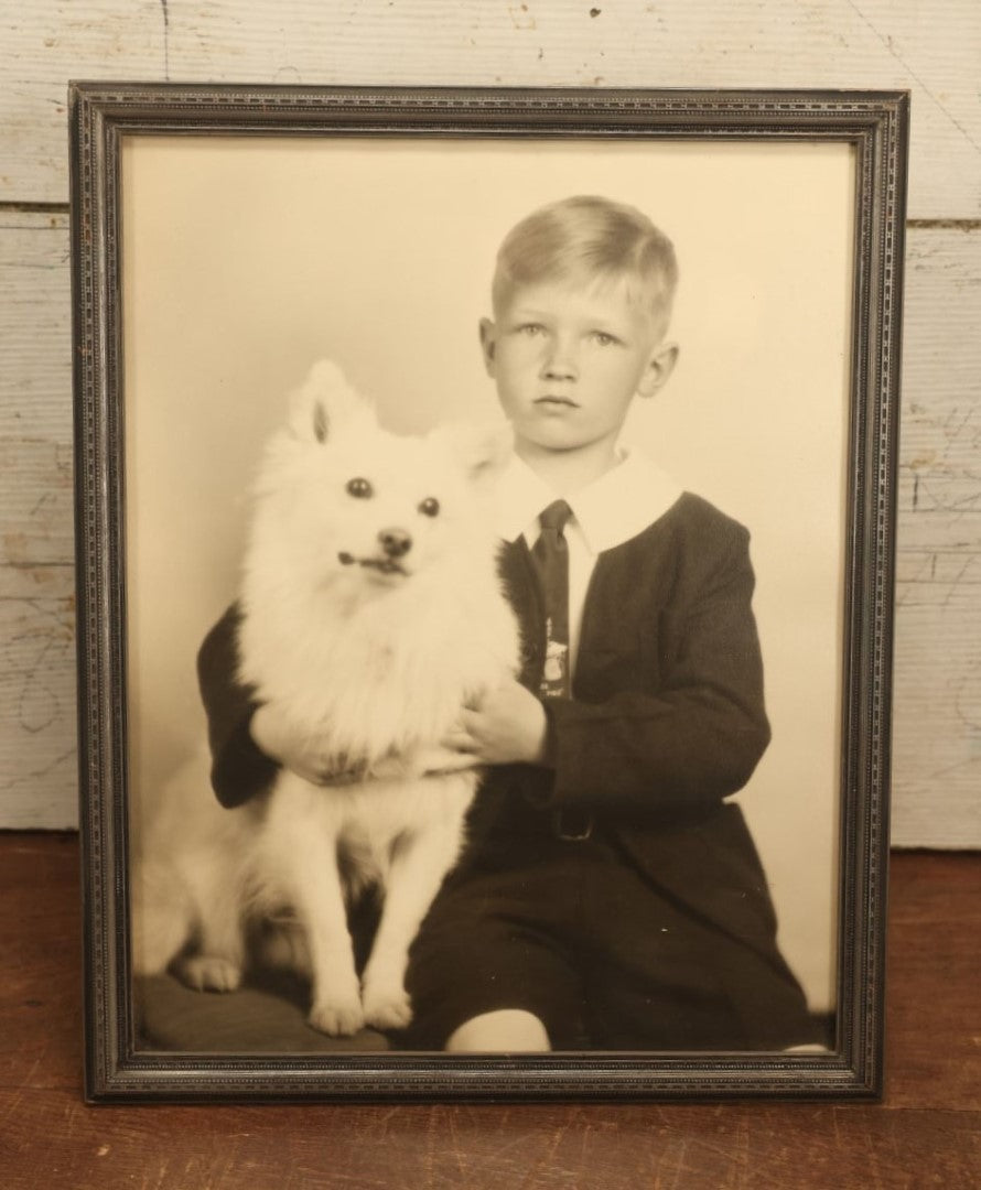 Lot 034 - Vintage Framed Glossy Portrait Photo Of A Boy And His Fluffy White Japanese Spitz Dog