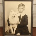 Lot 034 - Vintage Framed Glossy Portrait Photo Of A Boy And His Fluffy White Japanese Spitz Dog