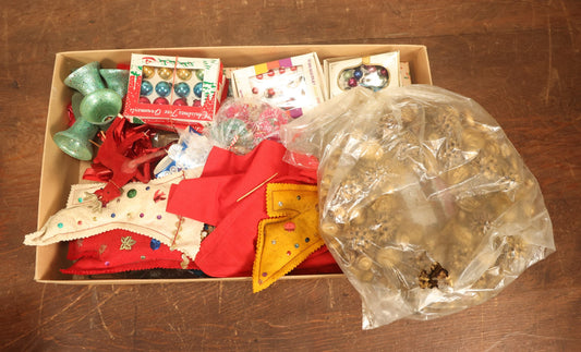 Lot 036 - Mixed As-Found Box Lot Of Miscellaneous Vintage Christmas Decor Including Ornaments, Stockings, And Other Findings