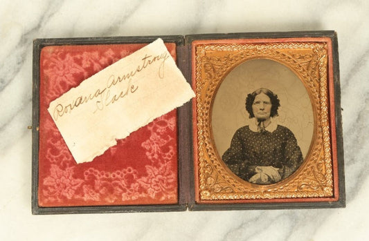 Lot 037 - Antique 1/6Th Plate Ambrotype Photograph Of Old Woman In Leatherette Union Case, Identified As Roxana Armstrong Slack