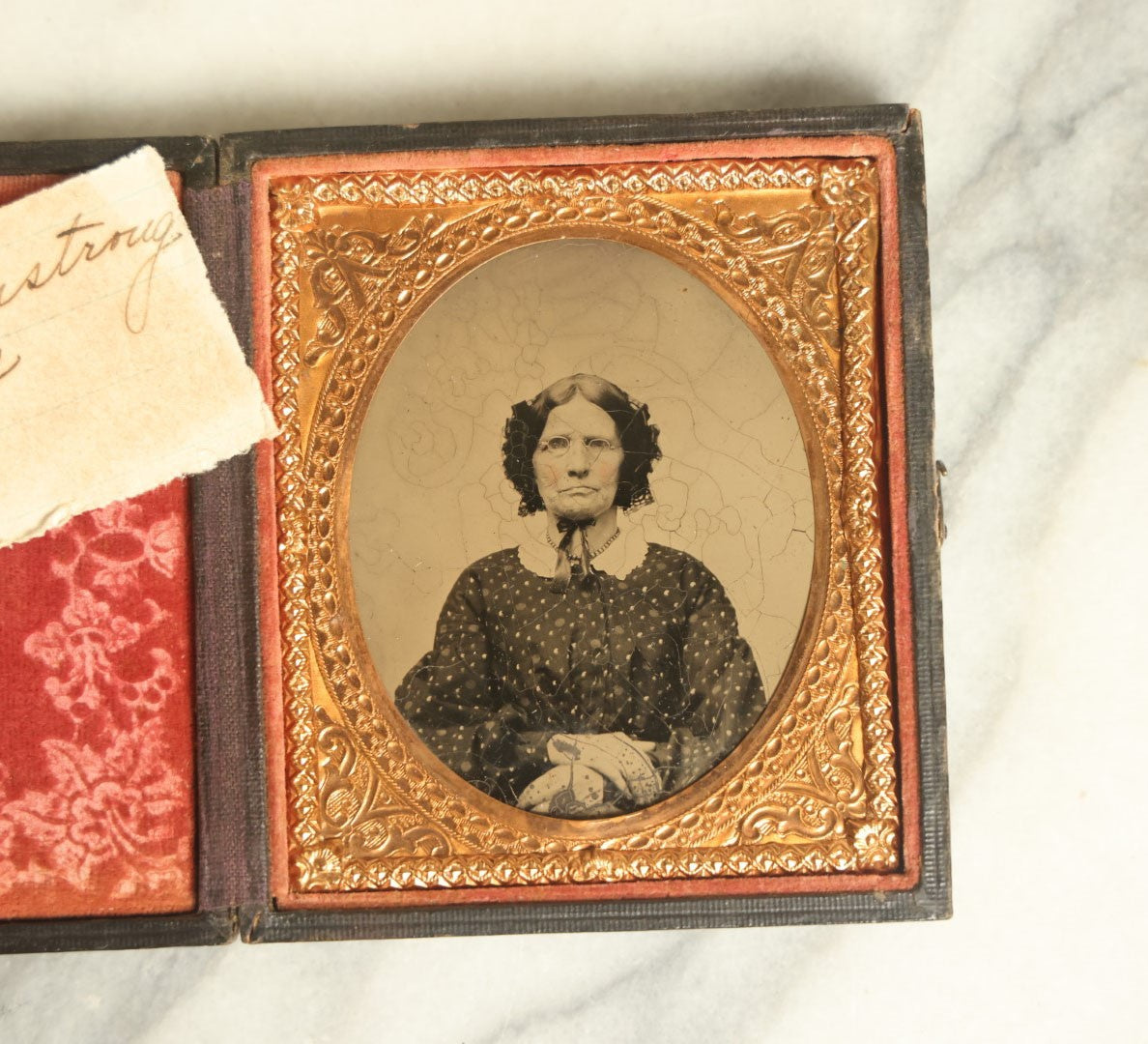 Lot 037 - Antique 1/6th Plate Ambrotype Photograph Of Old Woman In Leatherette Union Case, Identified As Roxana Armstrong Slack