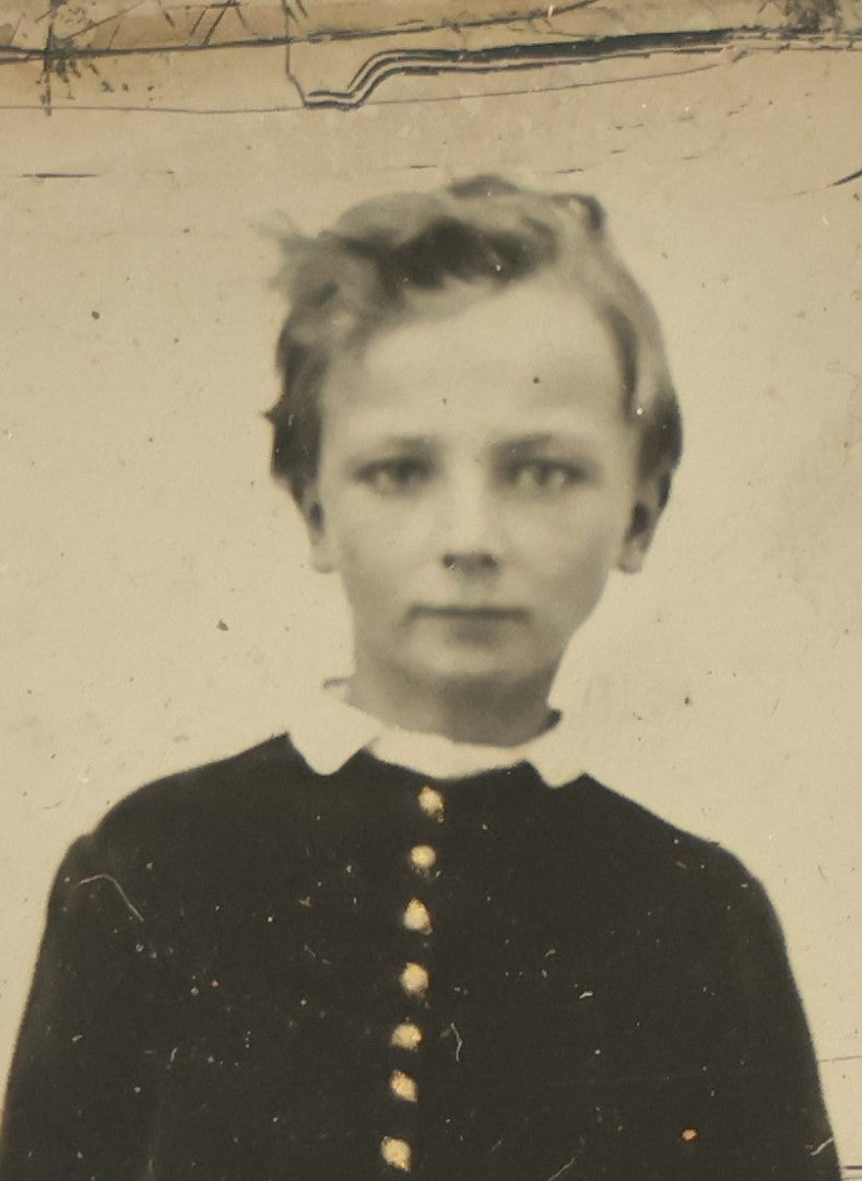 Lot 043 - Antique 1/9th Plate Tintype In Brass Mat Of A Young Boy Leaning On A Table With Books Or Photos