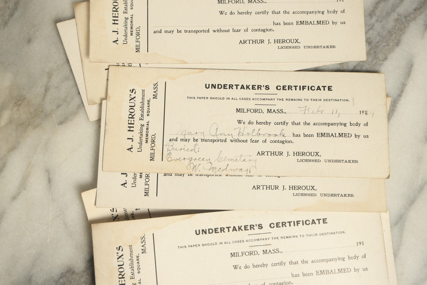 Lot 047 - Grouping Of Nine Blank Antique Undertaker's Toe Tag Certificates From Arthur J. Heroux, Licensed Undertaker, Milford, Massachusetts, Circa 1910