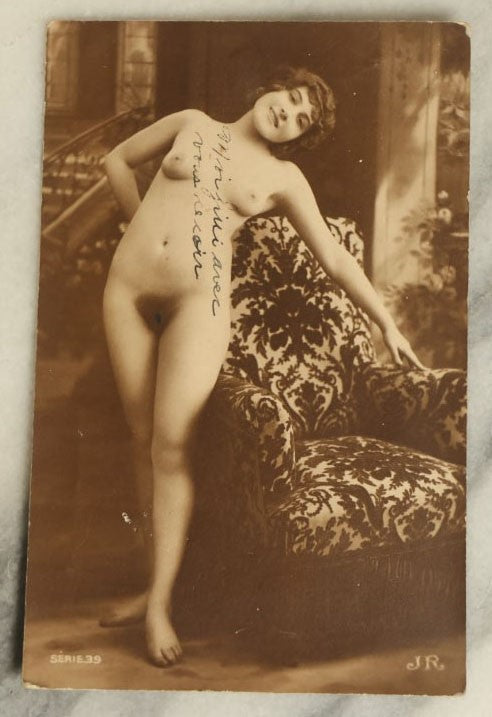 Lot 049 - Antique Risque Fully Nude French Pitch Card With Naked Woman, Marked J.R., Series 39, With Handwritten Note, Roughly Postcard Sized