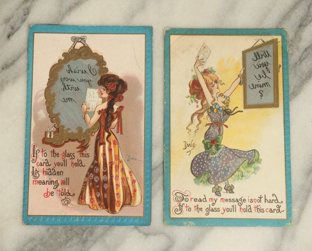 Lot 050 - Pair Of Antique Hidden Message Romantic Lady Postcards With Mirror Image, Illustrated By Dwig, Printed In Germany 