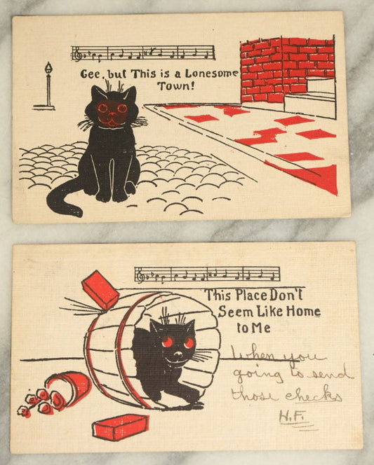 Lot 051 - Pair Of Antique Black Cat Cartoon Postcards With Comic Lyrics And Music, Circa 1907