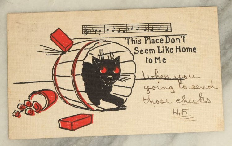 Lot 051 - Pair Of Antique Black Cat Cartoon Postcards With Comic Lyrics And Music, Circa 1907