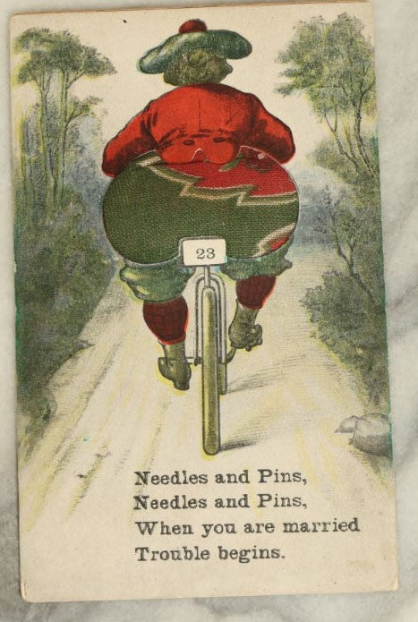 Lot 052 - Antique Pin Cushion Heavy Bike Rider Comic Postcard, Butt Is Pin Cushion, European