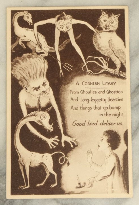 Lot 055 - Antique Cornish Litany "Ghoulies And Ghosties" Spooky Prayer Postcard, With Frightened Young Boy, Printed In England, Frith'S Series