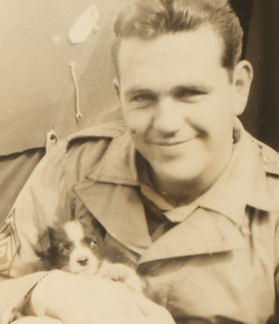 Lot 058 - Single Antique Snapshot Photograph Of Army Soldier With Small Puppy, Circa World War 2