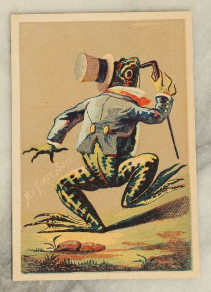 Lot 060 - Single Antique Trade Card, Dapper Dressed Frog, "My First Suit"