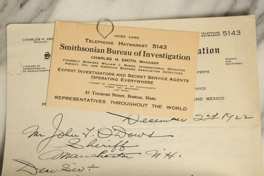 Lot 070 - Two Ephemera Pieces From The Smithsonian Bureau Of Investigation, Expert Investigators And Secret Service Agents, Boston, Massachusetts, Charles H. Smith, Manager