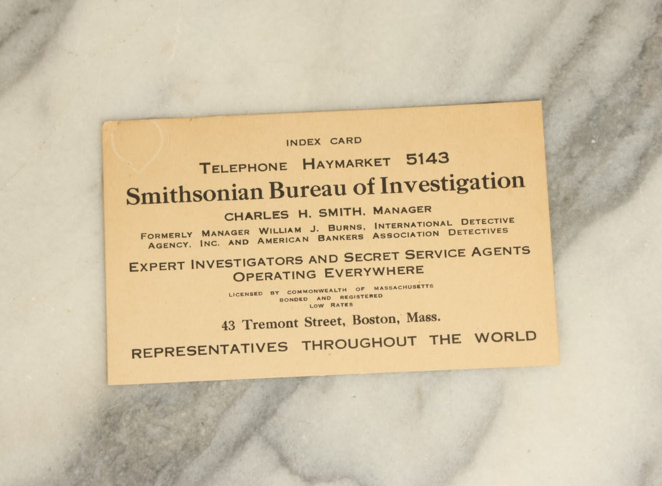 Lot 070 - Two Ephemera Pieces From The Smithsonian Bureau Of Investigation, Expert Investigators And Secret Service Agents, Boston, Massachusetts, Charles H. Smith, Manager