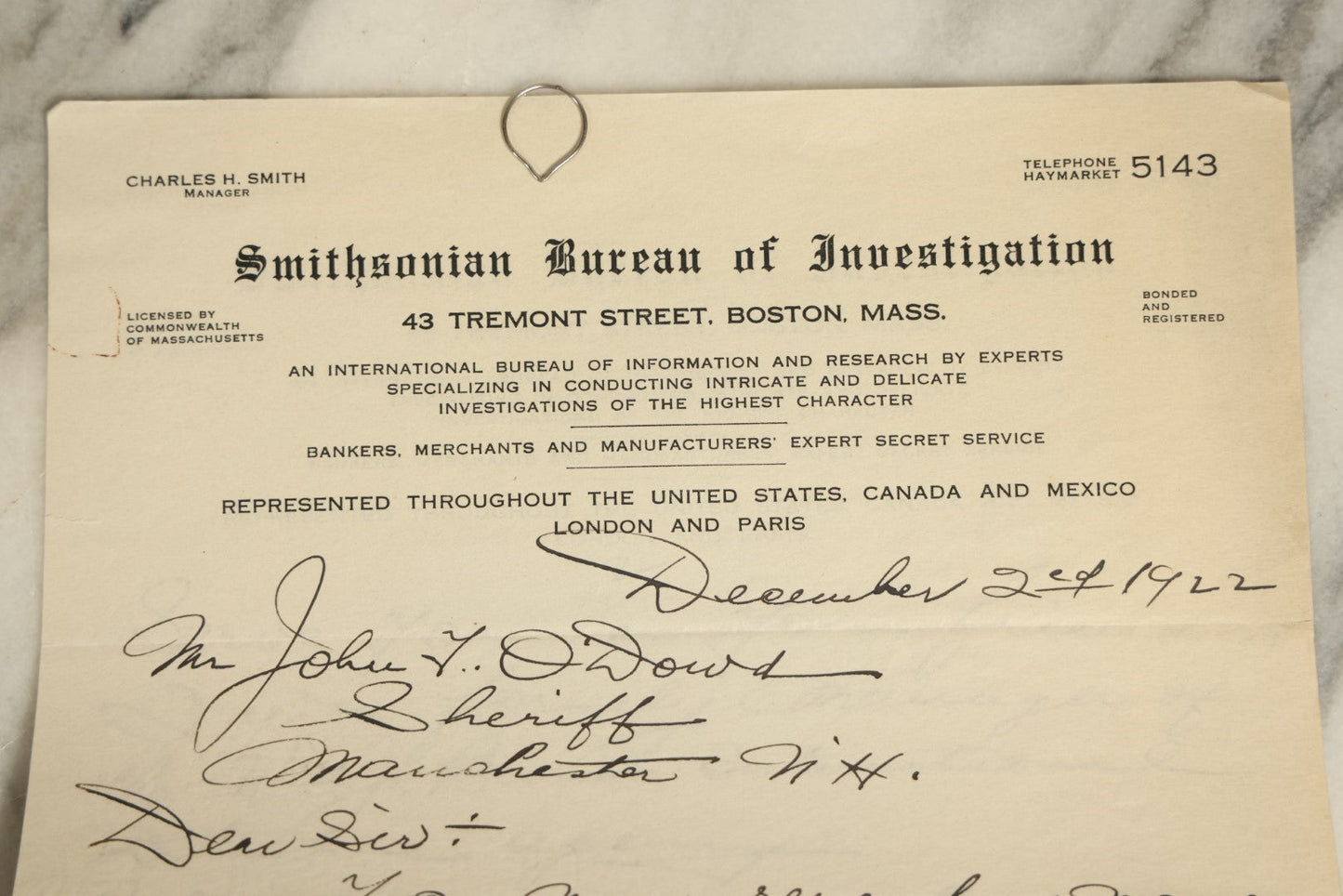 Lot 070 - Two Ephemera Pieces From The Smithsonian Bureau Of Investigation, Expert Investigators And Secret Service Agents, Boston, Massachusetts, Charles H. Smith, Manager