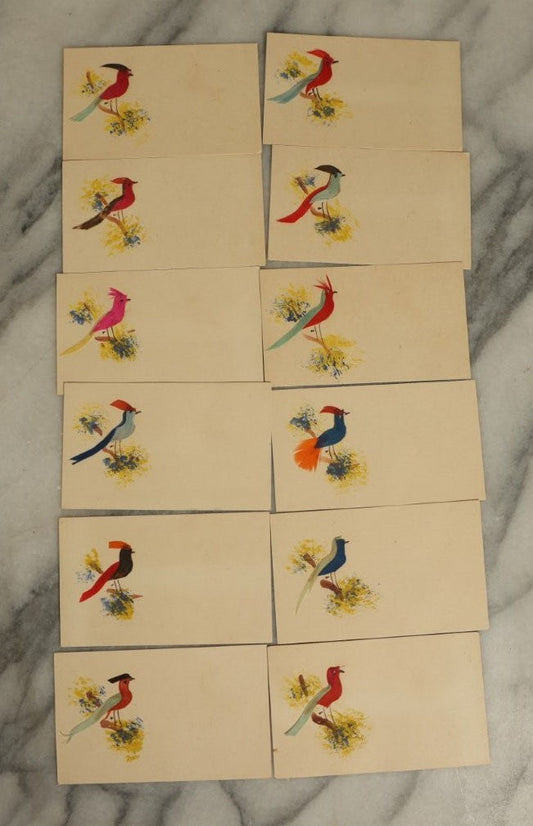 Lot 077 - Grouping Of Twelve Blank Vintage Calling Cards With Small Painting Of Birds With Real Glued On Tropical Feathers, Bright Colors