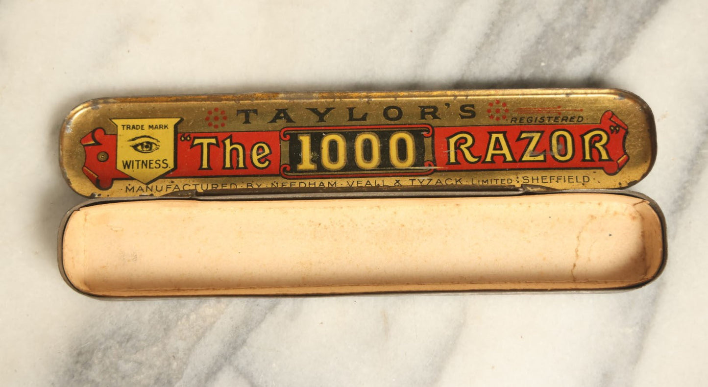 Lot 086 - Single Antique Advertising Tin, Taylor's "The 1000 Razor" Manufactured By Needham Veall & Tyzack Limited, Sheffield