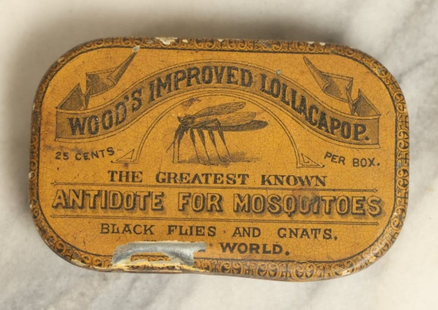 Lot 088 - Single Antique Advertising Tin, Wood'S Improved Lollacapop The Greatest Known Antidote For Mosquitos, Black Flies, And Gnats, Note Wear, Dents Losses