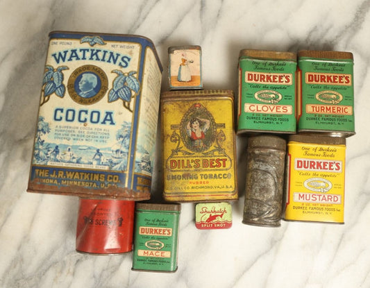 Lot 091 - Grouping Of Ten Vintage And Antique Advertising Tins, Kitchen Spices And More, Cocoa, Cloves, Turmeric, Various Brands