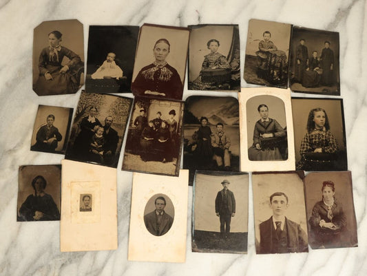 Lot 092 - Grouping Of Antique Tintype Portrait Photographs Of Men, Women, And Children, Including Some With Multiple People, Varying Conditions