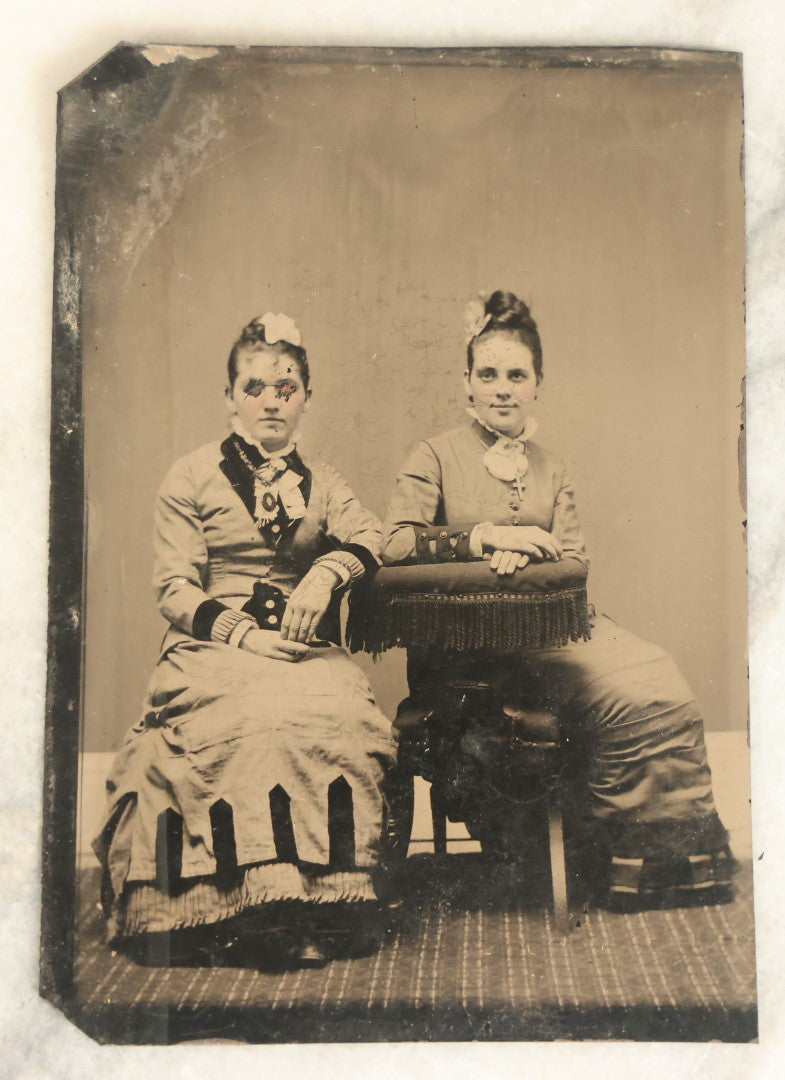 Lot 093 - Single Antique Tintype Photograph, Two Women, One With Eyes Scratched Out