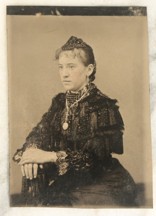 Lot 100 - Single Antique Tintype Photograph, Young Woman With Lots Of Jewelry, Hair Decor, Ornate Clothing