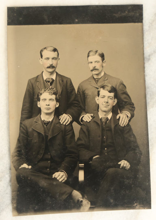 Lot 103 - Single Antique Tintype Photograph, Four Men, One Man With Grinning Smile, Large Ears