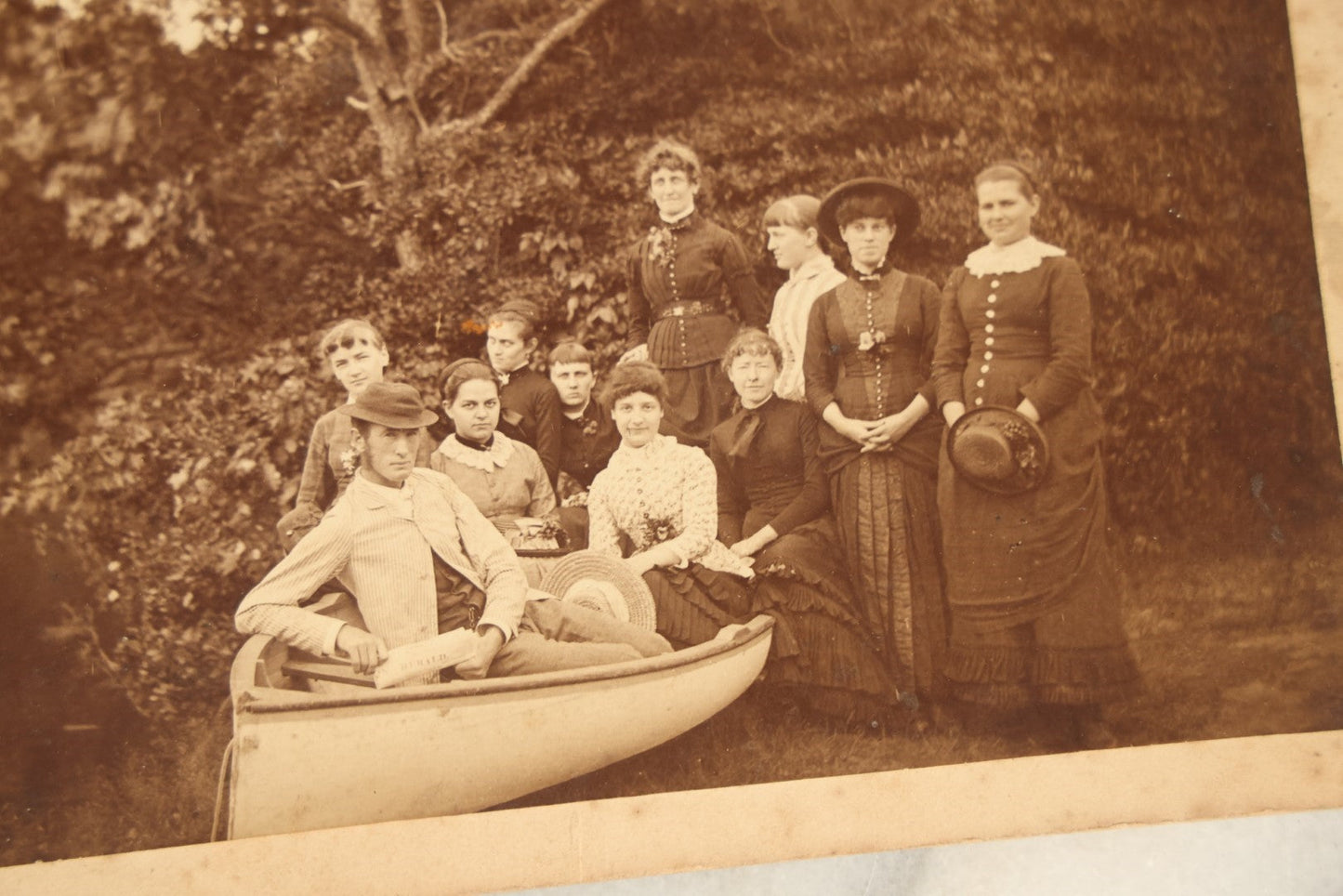 Lot 104 - Single Antique Large Sized Cabinet Card Photograph, Group Of Women With Man Outdoors, Posing By Riverside In Canoe