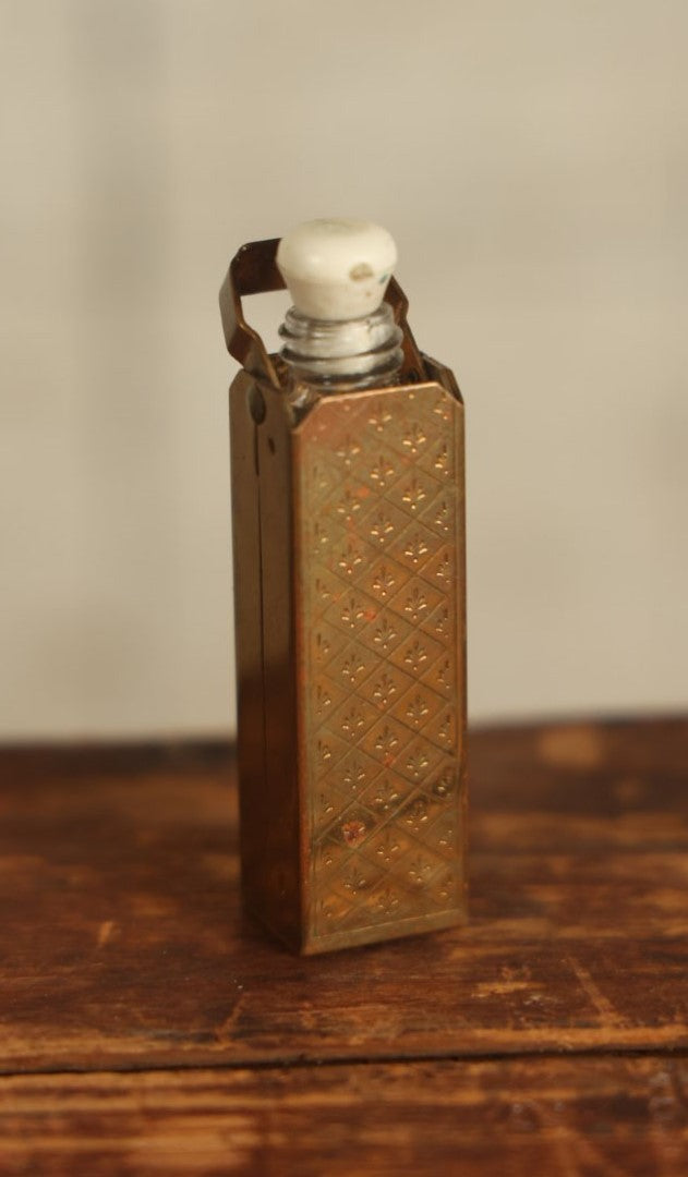 Lot 110 - Vintage Glass Scent Vial With Rubber Stopper In Small Brass Caddy