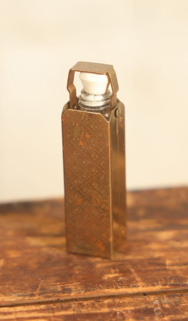 Lot 110 - Vintage Glass Scent Vial With Rubber Stopper In Small Brass Caddy