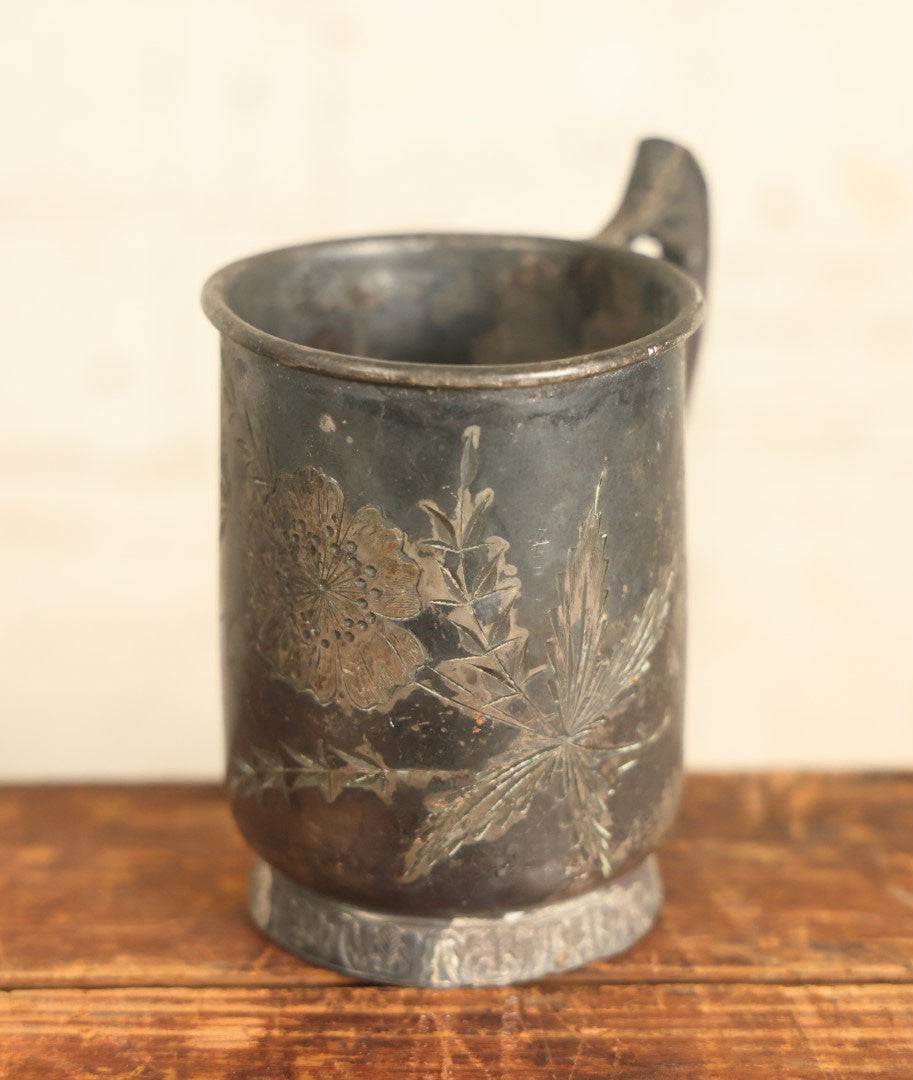 Lot 111 - Antique Silver Plate Cup With Ornate Etched Design, Handle, Various Wear And Tarnishing, Dents