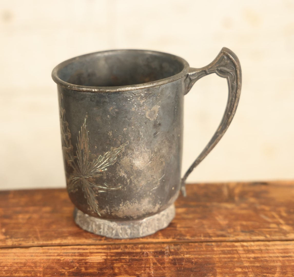 Lot 111 - Antique Silver Plate Cup With Ornate Etched Design, Handle, Various Wear And Tarnishing, Dents