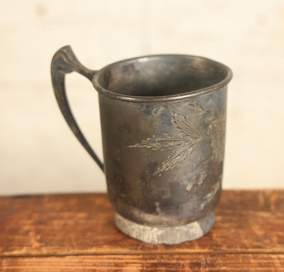 Lot 111 - Antique Silver Plate Cup With Ornate Etched Design, Handle, Various Wear And Tarnishing, Dents