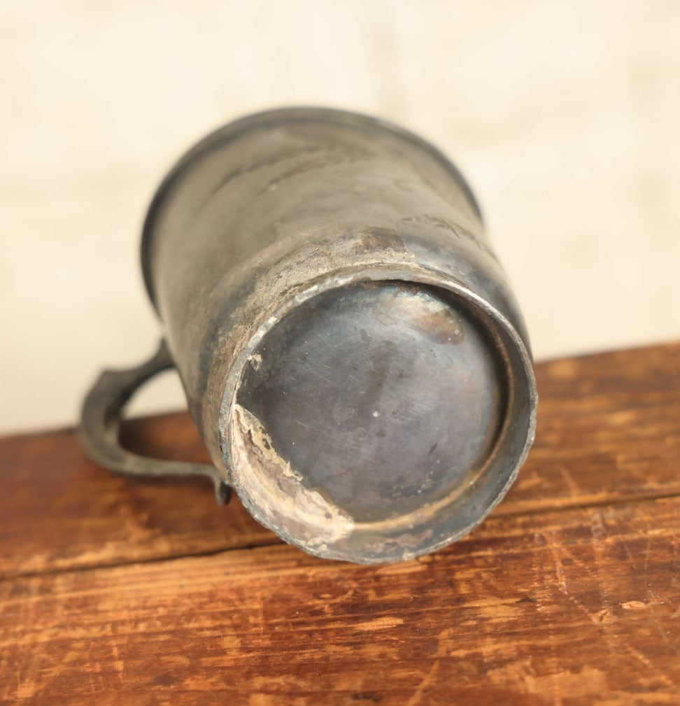 Lot 111 - Antique Silver Plate Cup With Ornate Etched Design, Handle, Various Wear And Tarnishing, Dents