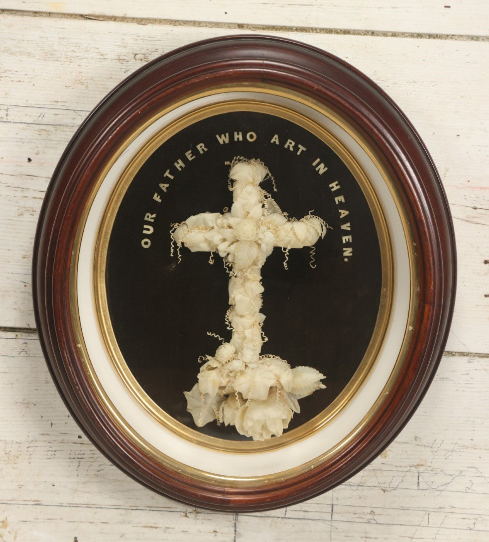 Lot 001 - Antique Victorian Memorial Mourning Cross Shadow Box With Delicate White Wax Flowers And Details, "Our Father Who Art In Heaven", 15-1/2" x 17-3/8"