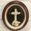Lot 001 - Antique Victorian Memorial Mourning Cross Shadow Box With Delicate White Wax Flowers And Details, "Our Father Who Art In Heaven", 15-1/2" x 17-3/8"