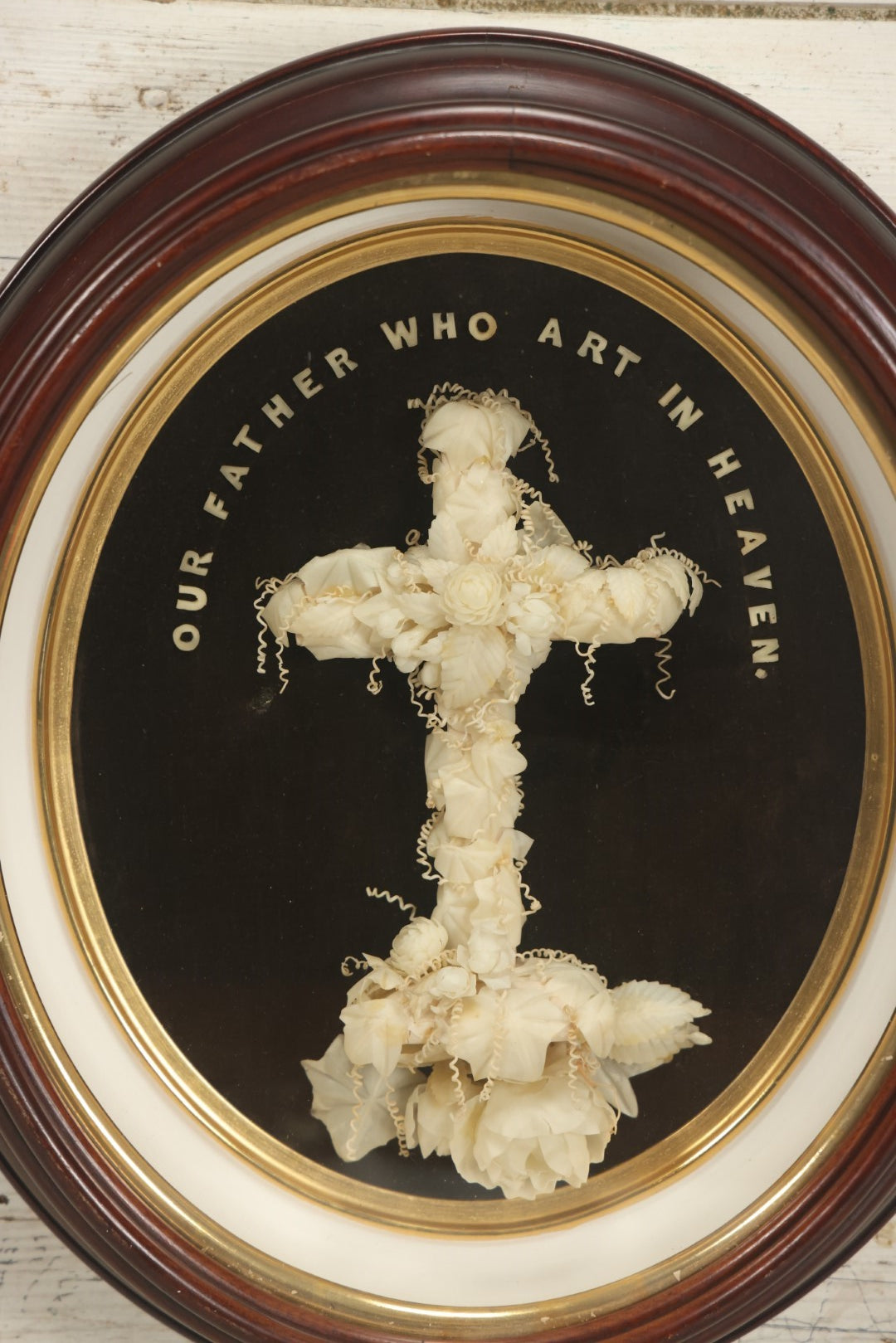 Lot 001 - Antique Victorian Memorial Mourning Cross Shadow Box With Delicate White Wax Flowers And Details, "Our Father Who Art In Heaven", 15-1/2" x 17-3/8"