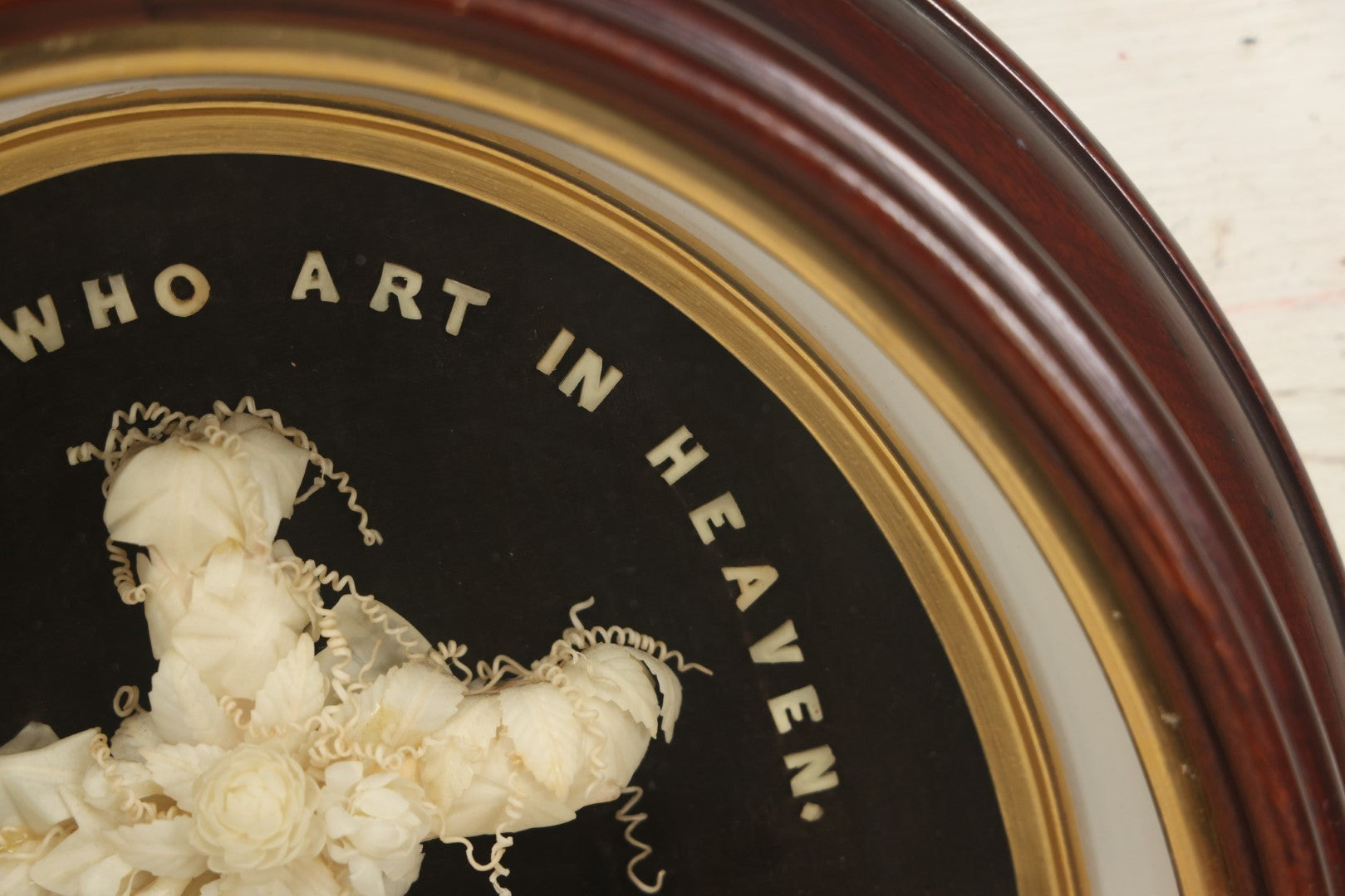 Lot 001 - Antique Victorian Memorial Mourning Cross Shadow Box With Delicate White Wax Flowers And Details, "Our Father Who Art In Heaven", 15-1/2" x 17-3/8"