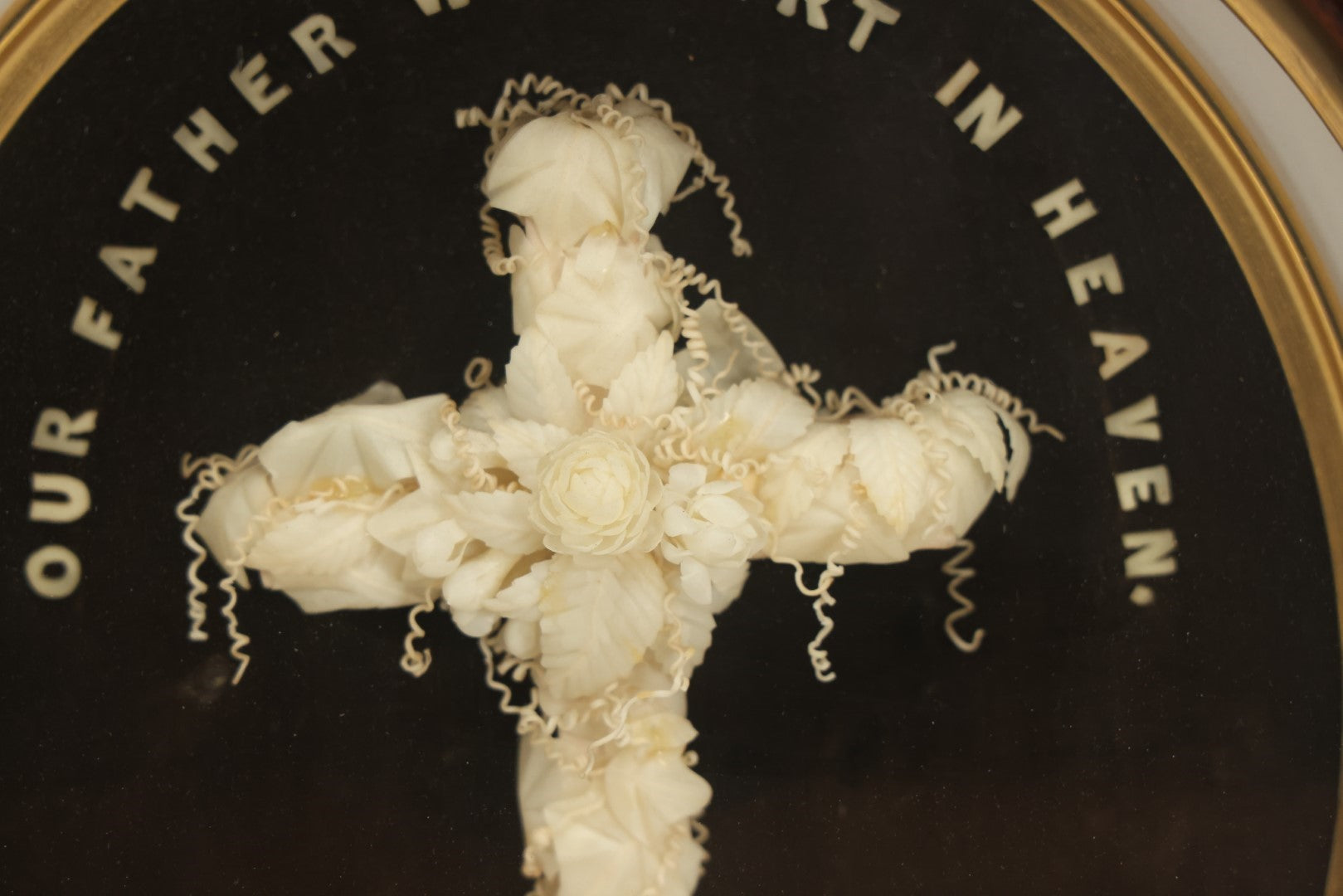 Lot 001 - Antique Victorian Memorial Mourning Cross Shadow Box With Delicate White Wax Flowers And Details, "Our Father Who Art In Heaven", 15-1/2" x 17-3/8"