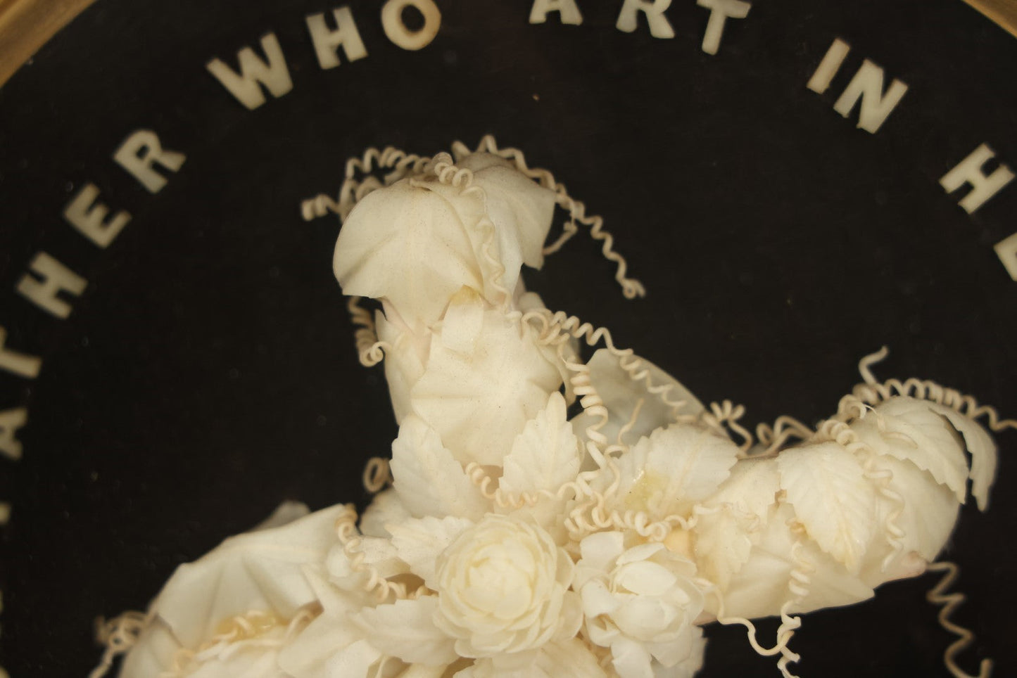 Lot 001 - Antique Victorian Memorial Mourning Cross Shadow Box With Delicate White Wax Flowers And Details, "Our Father Who Art In Heaven", 15-1/2" x 17-3/8"